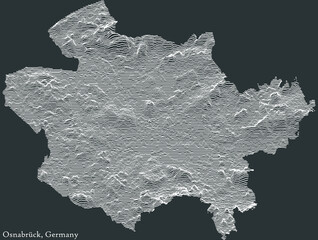 Topographic negative relief map of the city of OSNABRÜCK, GERMANY with white contour lines on dark gray background