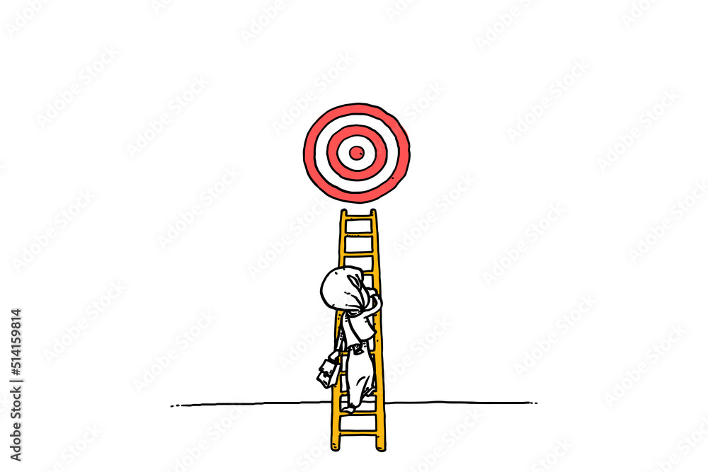 Wall mural asian muslim woman climbing the ladder to achieve target. career development concept. cartoon vector