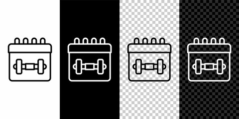 Set line Calendar fitness icon isolated on black and white, transparent background. Training schedule. Vector