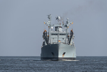WARSHIP - A supply ship of the German Navy is sailing on the sea
