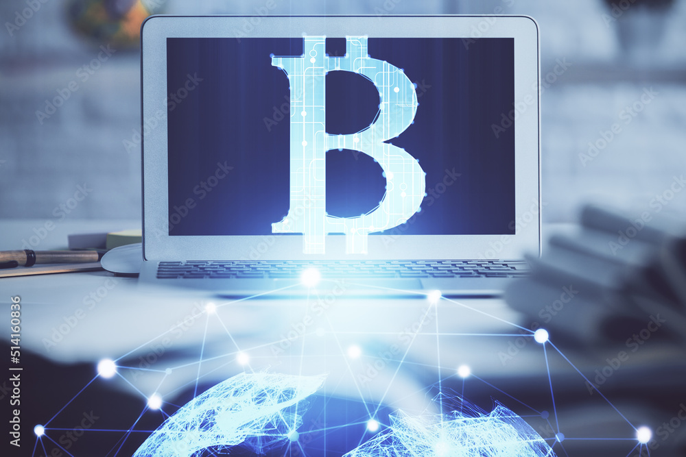 Poster multi exposure of blockchain and crypto economy theme hologram and table with computer background. c