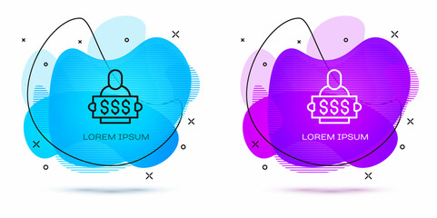 Line Fortune lottery win composition with lucky winner holding prize ticket icon isolated on white background. Abstract banner with liquid shapes. Vector