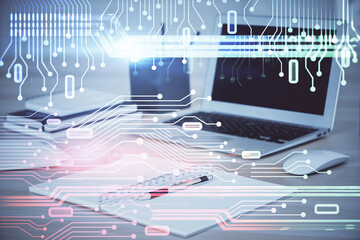 Double exposure of computer and technology theme drawing. Concept of innovation.