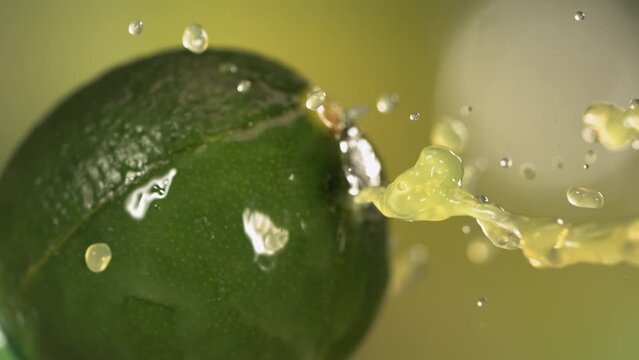 Fresh Lime fruit squirting with juice in slow motion in green nature background 4K