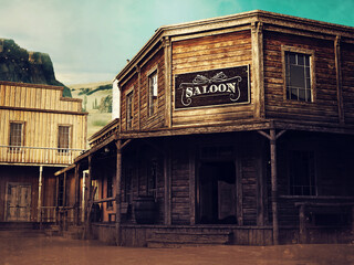 Wild West street with wooden houses, a saloon, and the desert in the background. 3D render. - 514161623