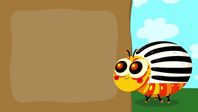 Cartoon character potato colorado beetle animal walking loop animation for titles. Insect good for fairy tales, illustration, etc... Seamless loop. Frame moving.