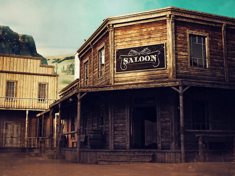 Wild West street with wooden houses, a saloon, and the desert in the background. 3D render.