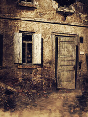 Fototapeta na wymiar Dark scene with a ruined building with a door and window. 3D render.