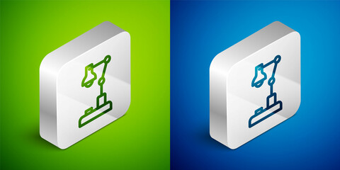 Isometric line Table lamp icon isolated on green and blue background. Silver square button. Vector