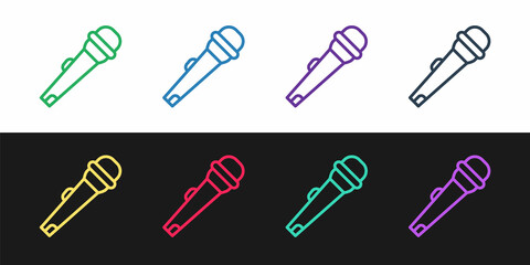 Set line Microphone icon isolated on black and white background. On air radio mic microphone. Speaker sign. Vector