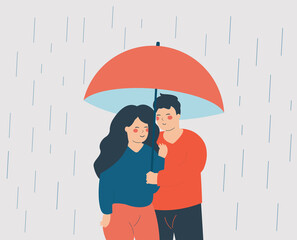 Young woman and man embrace each other and hide from the rain under an open umbrella. Happy couple hug each other with care and love. Valentine day, romantic relationships concept. Vector illustration