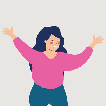 Happy woman character full of energy with raised hands. A joyful female waves her hands with her open arms. Concept of events, positive vibes and mental wellbeing. Vector illustration
