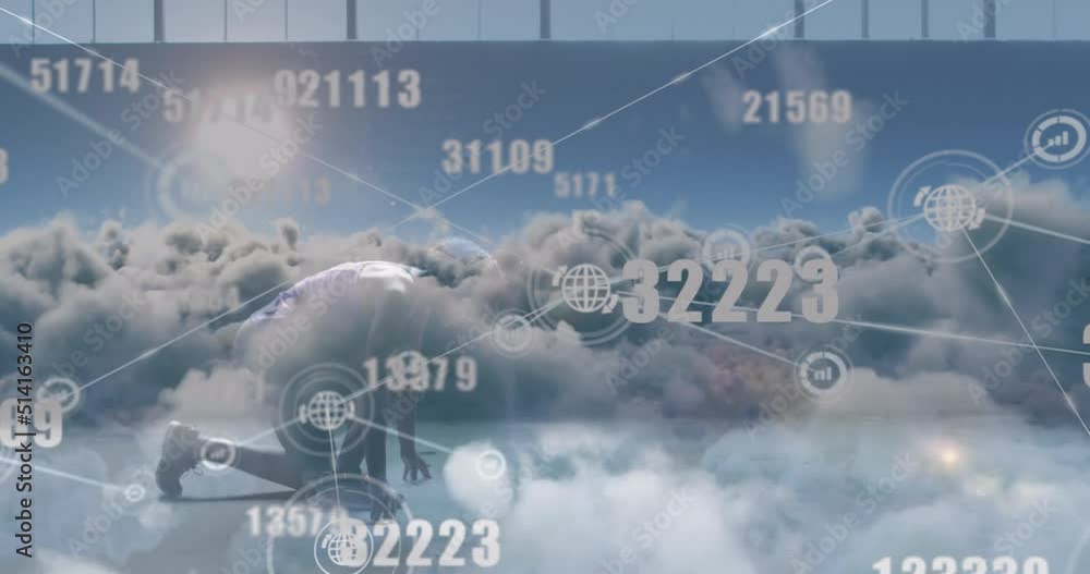 Poster animation of network of connections over clouds and numbers