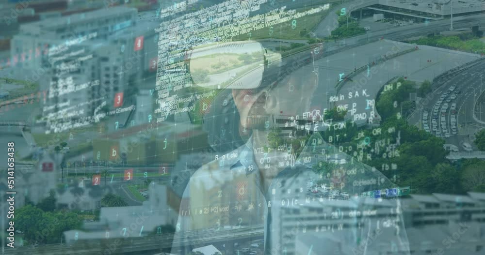 Aufkleber animation of cyber security, data processing and numbers over caucasian man in vr headset