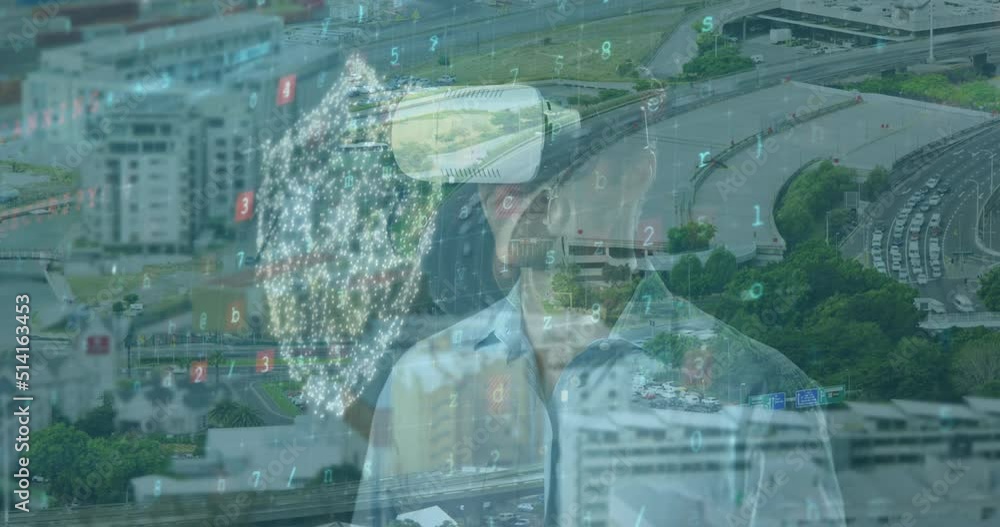 Poster animation of data processing and virus warning over caucasian man in vr headset and cityscape