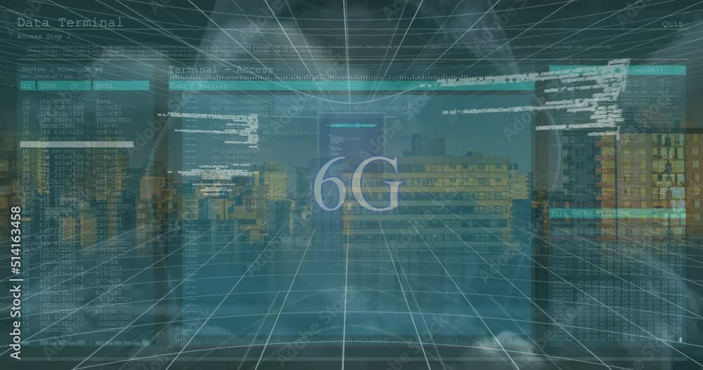Poster animation of data processing on screens and 6g over cityscape