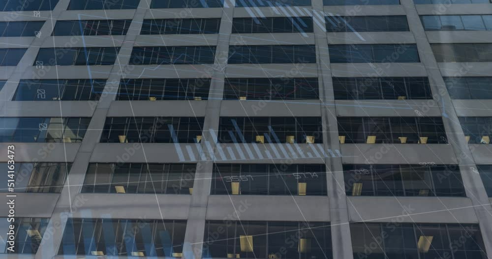 Poster animation of financial graphs and data over office building