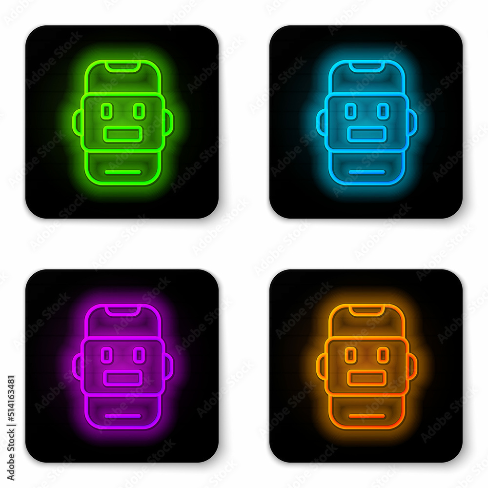 Poster glowing neon line chat bot icon isolated on white background. chatbot icon. black square button. vec