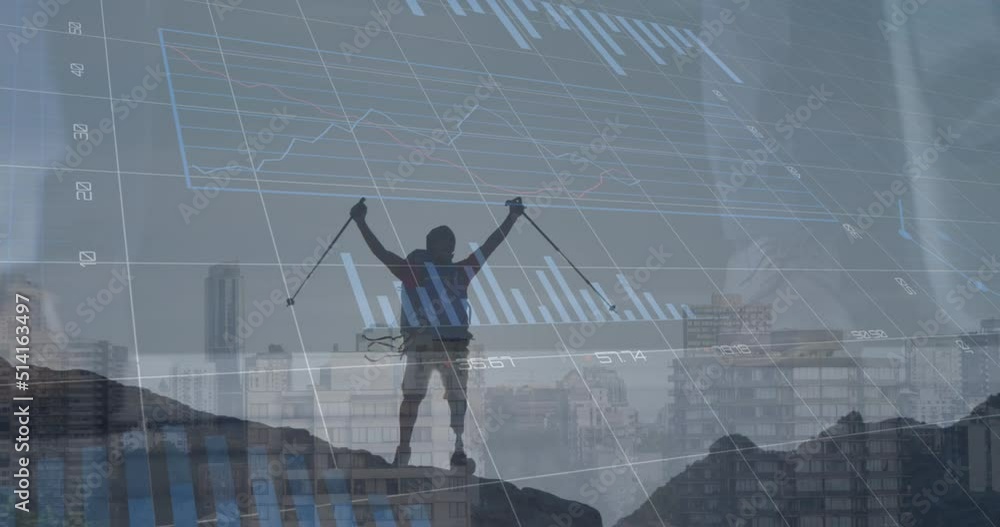 Poster animation of financial graphs and data over man in mountains
