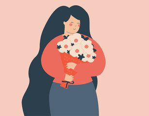 Happy woman holding a big bouquet of flowers. Dreamy young mom holds a bouquet of colorful Peonies wrapped in red paper. Concept for the Mother's day, women's day and Valentine's day. Vector stock