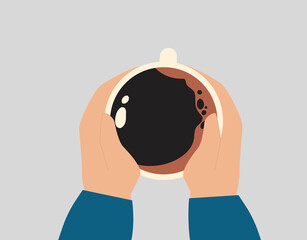 Hands holding a big warm cup of coffee in cold weather seasons. Woman or man holding a big cocoa mug in an isolated background. Concept of winter and autumn cozy, café addicted. Vector illustration
