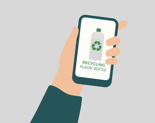 Big hand holds a smartphone with app page of recycling plastic bottles on the mobile screen. Earth day, environment protection, waste recycle management and planet protection concept. Vector stock
