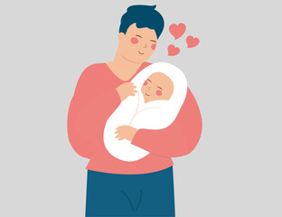 Single father hugs and embraces his child with care. Young dad holds his newborn baby with love. Concept of happy fathers day, positive parenting and single parent. Vector illustration
