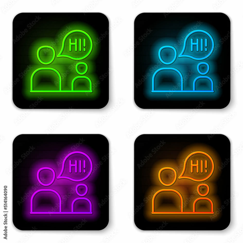 Poster glowing neon line two sitting men talking icon isolated on white background. speech bubble chat. mes