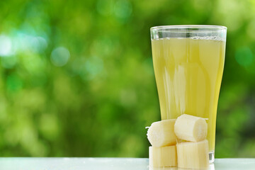 Fresh  sugar cane cut and sugar cane juice with green background.                                  
