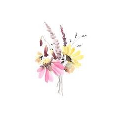 Fototapeta na wymiar Bouquet with pink and yellow daisies and abstract small branches, watercolor floral decor isolated on white background, holiday card for wedding, birthday, greeting.