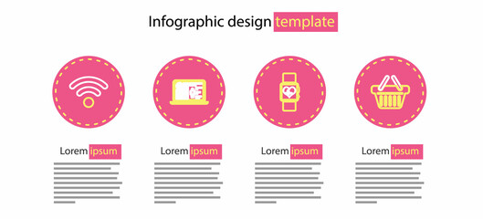 Set line Smart watch heart beat rate, Shopping basket, Medical clinical record and Wi-Fi wireless network icon. Vector