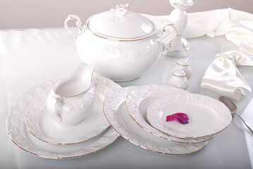 Luxury china dinnerware. Elegant golden design porcelain dishes.