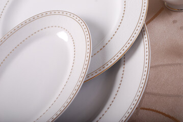 Luxury china dinnerware. Elegant golden design porcelain dishes.