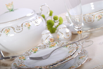 Luxury china dinnerware. Elegant golden design porcelain dishes.