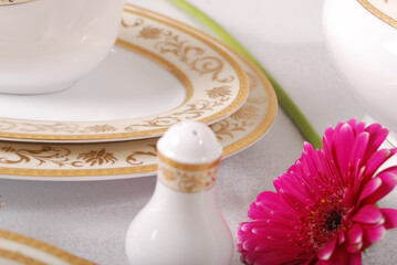 Luxury china dinnerware. Elegant golden design porcelain dishes.