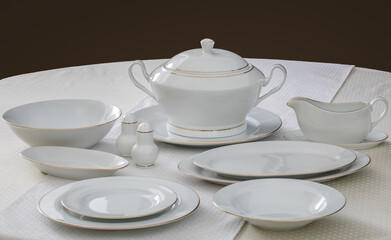 Luxury china dinnerware. Elegant golden design porcelain dishes.