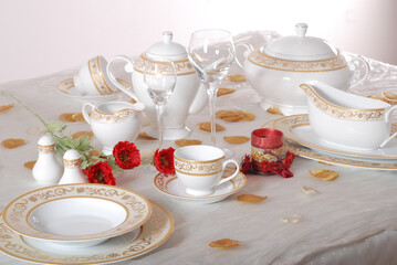 Luxury china dinnerware. Elegant golden design porcelain dishes.
