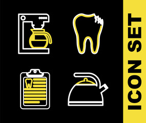 Set line Broken tooth, Kettle with handle, Clipboard dental card and Coffee machine pot icon. Vector