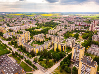 Southern Siauliai city buildings neighborhood panorama in Lithuania.Transportation in post soviet union countries