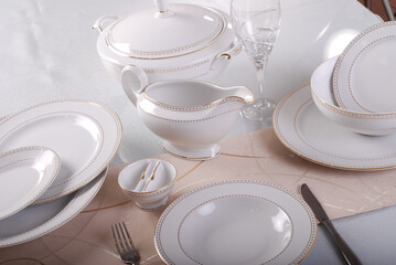 Luxury china dinnerware. Elegant golden design porcelain dishes.