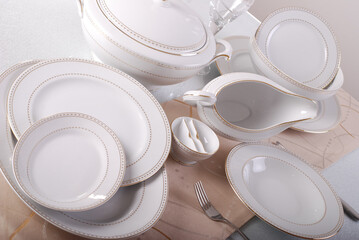 Luxury china dinnerware. Elegant golden design porcelain dishes.