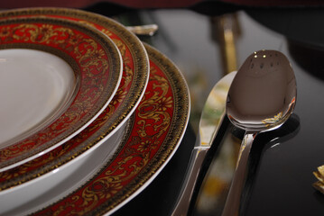 Obraz premium Luxury china dinnerware. Elegant golden design porcelain dishes.