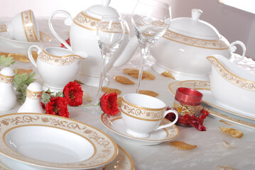 Luxury china dinnerware. Elegant golden design porcelain dishes.