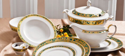 White premium porcelain tableware plates ready for dinner. Elegant table setting at home or restaurant with luxury dinnerware