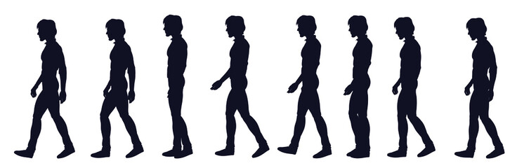 Full animation of a young man walking. Black and white character.