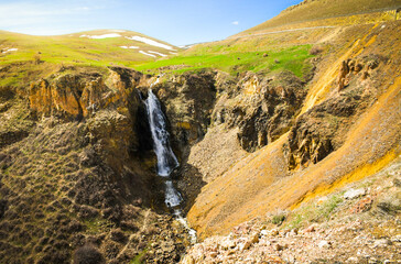 Susuz Waterfall in Kars Province of Turkey with beautiful green spring nature