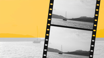 Modern photographic film with yacht in Bay of Kotor in Montenegro