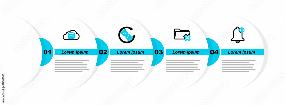 Poster set line bell, delete folder, waiting and cloud database icon. vector
