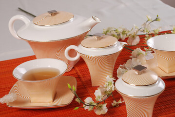 Beautiful bone-china tea set with tea pot and cups and saucers Elegant and minimal design.
