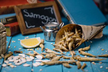seafood grill in the kitchen of the restaurant
